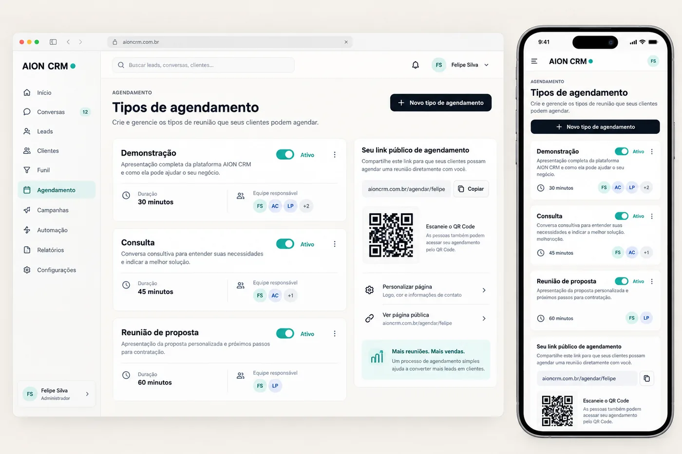 Tipos de reunião e link público de agendamento com QR code