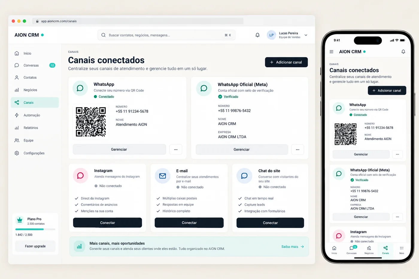Tela de canais conectados: WhatsApp por QR code, WhatsApp oficial, Instagram, e-mail e chat do site