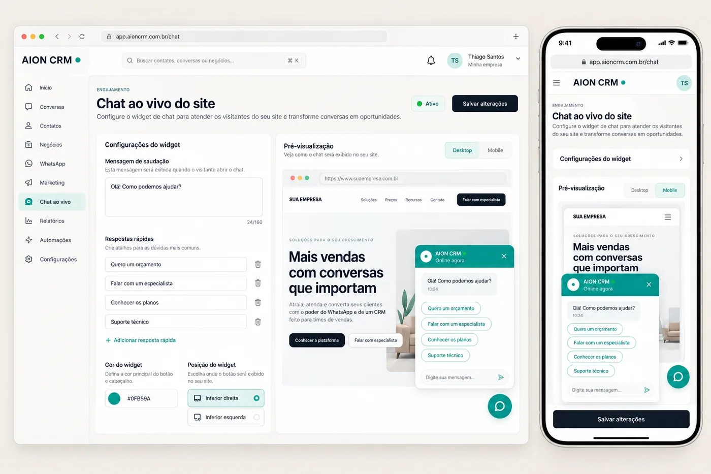 Configuração do chat ao vivo do site com pré-visualização